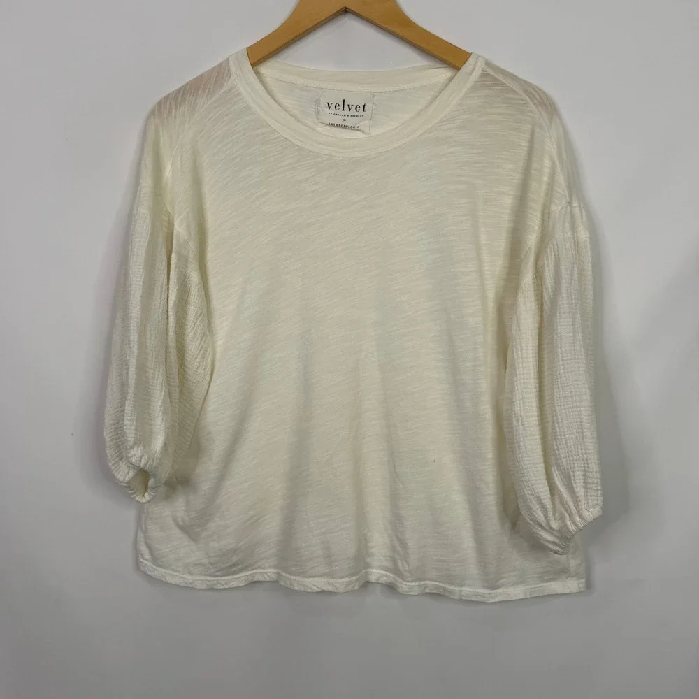 Anthropologie Velvet by Graham Margot Puffy Gauze Sleeve Top S - Picture 3 of 10